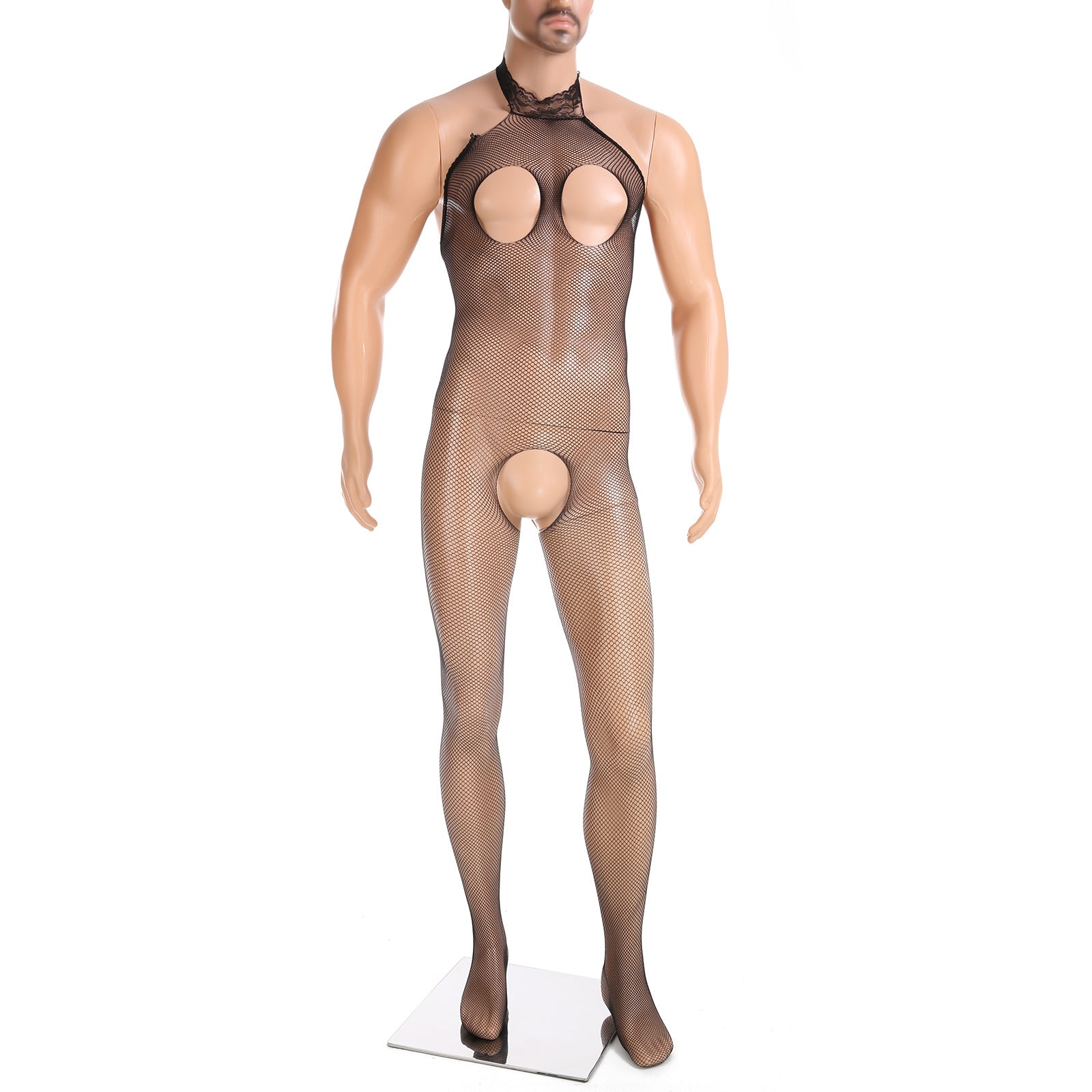 Image of Men’s fishnet one-piece underwear Japanese pseudo-girl sexy cut-out suspender one-piece tight mesh tights tight